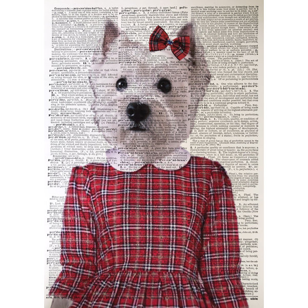 Maturi A3 Westie Print Dog Portrait Wearing Red Tartan Dress Girl